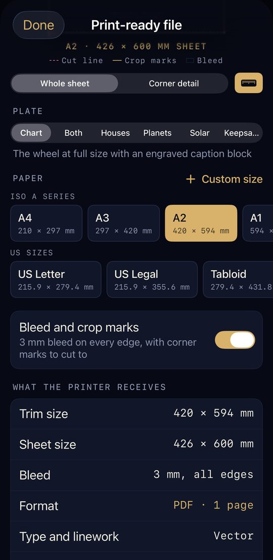 Print-ready file settings: paper sizes from A4 to A1 and US sizes, with bleed and crop marks.