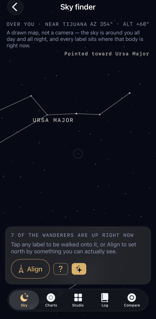 Sky finder pointed toward Ursa Major, with seven planets up right now.