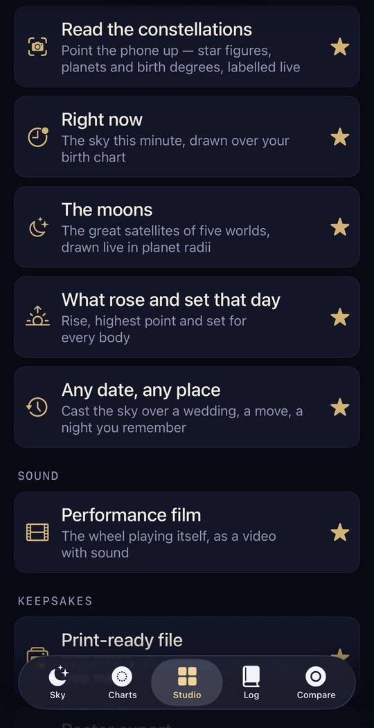 More Studio tools: read the constellations, right now, the moons, what rose and set, any date any place, performance film.