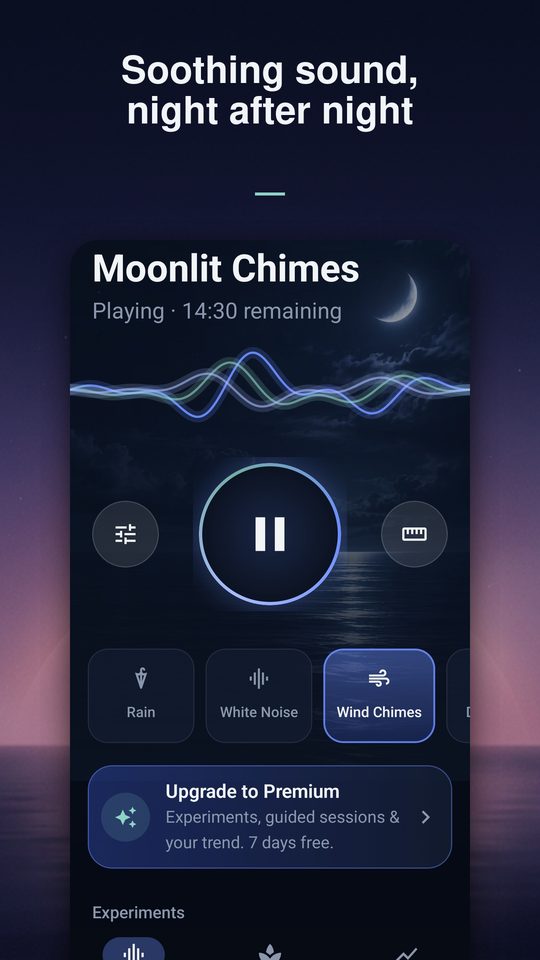Moonlit Chimes playing, with Rain, White Noise, and Wind Chimes.